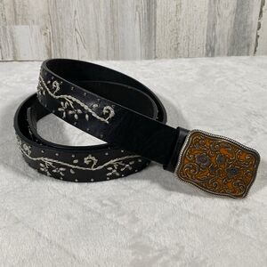Women's Plus Sz 2XL Black Leather Handmade Belt Western Studded Floral Boho